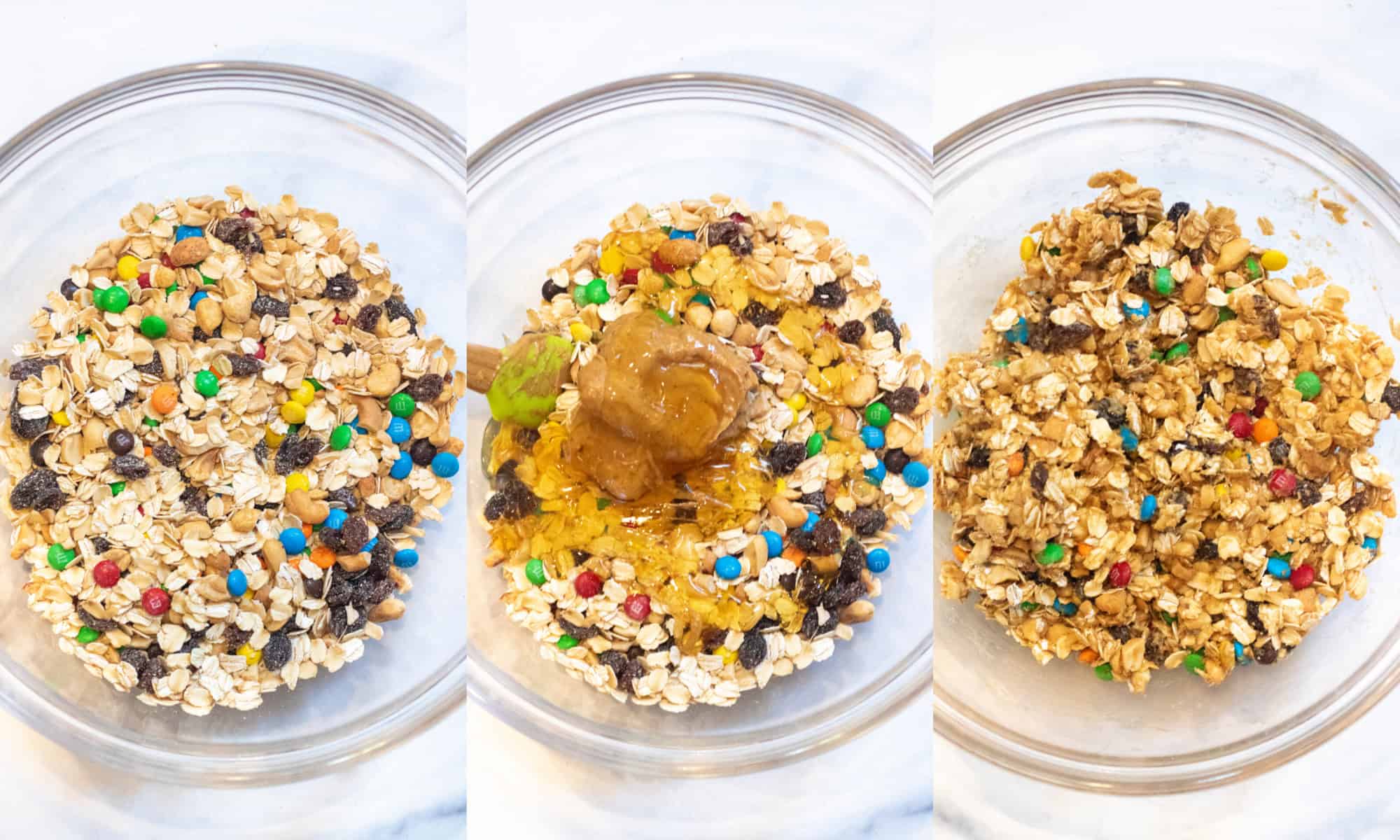 3 bowls, one with oats, raisins, m&ms, and nuts and then peanut butter and honey added, and then it all mixed well.