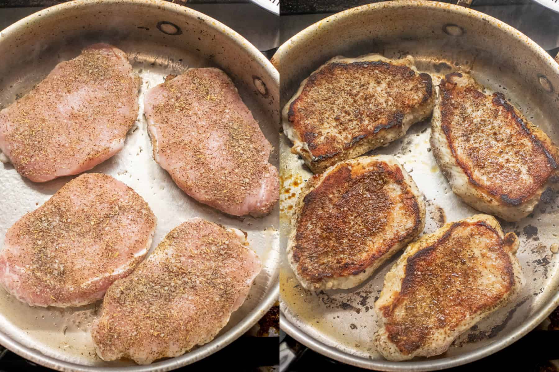 a pan with seasoned pork chops and then with them seared.