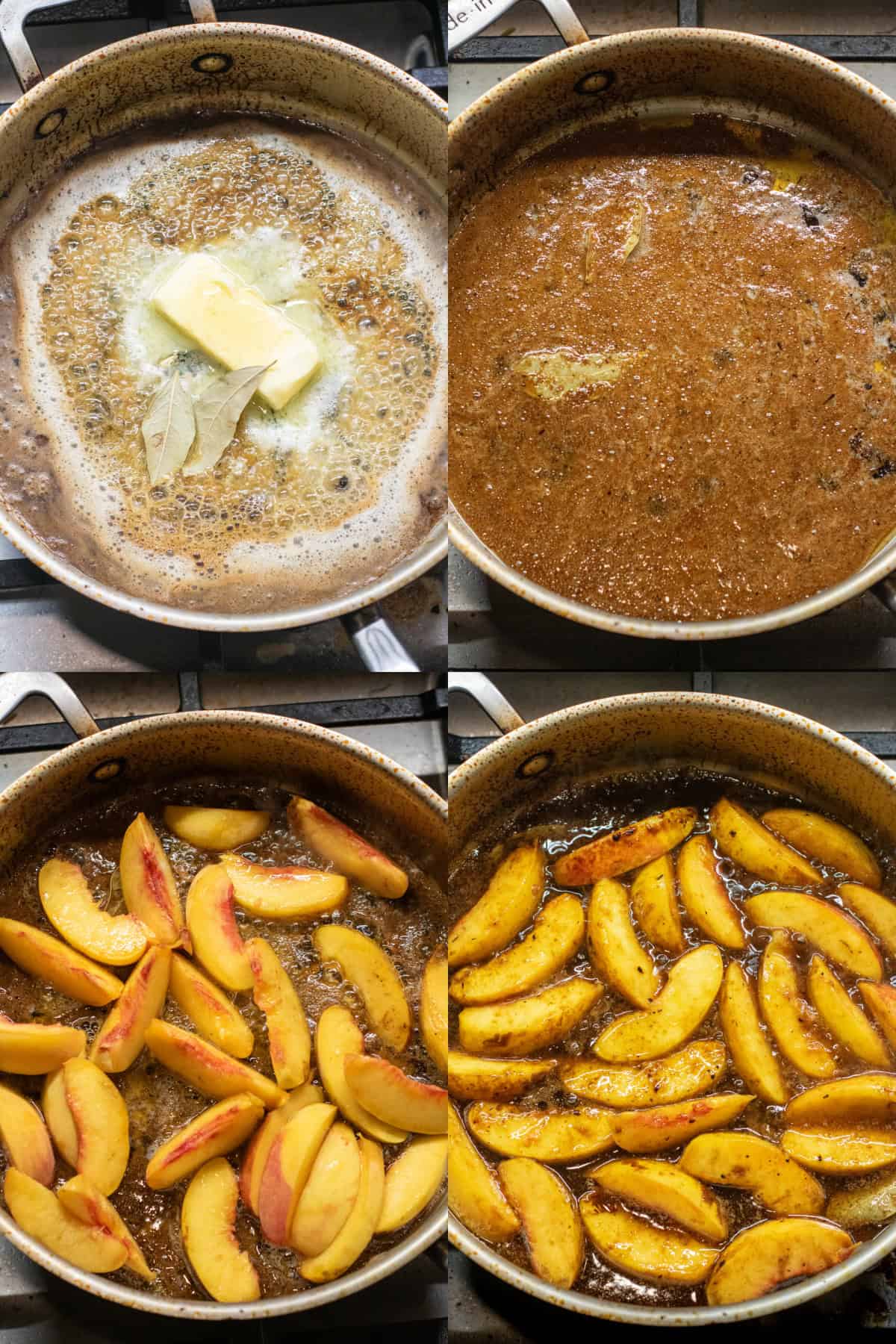 4 pictures of a pan with butter, bay, and honey, it all melted and browned, and then peaches added and cooked.