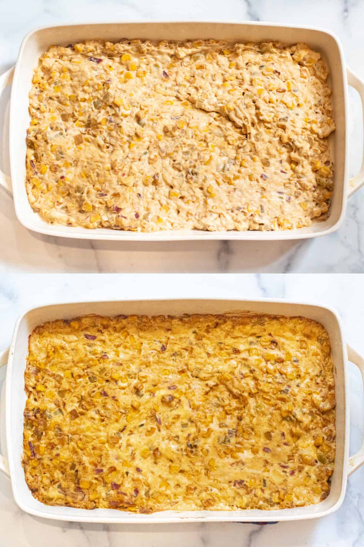 two pictures of corn dip, one unbaked and one baked.