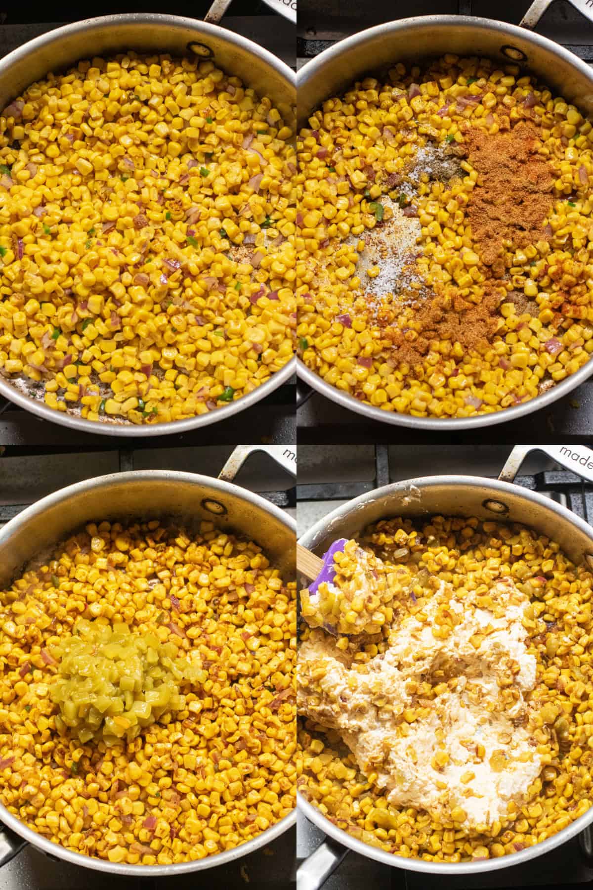 4 pictures of a saute pan with corn, charring, with spices, with green chilis, and then with cheese mixture.