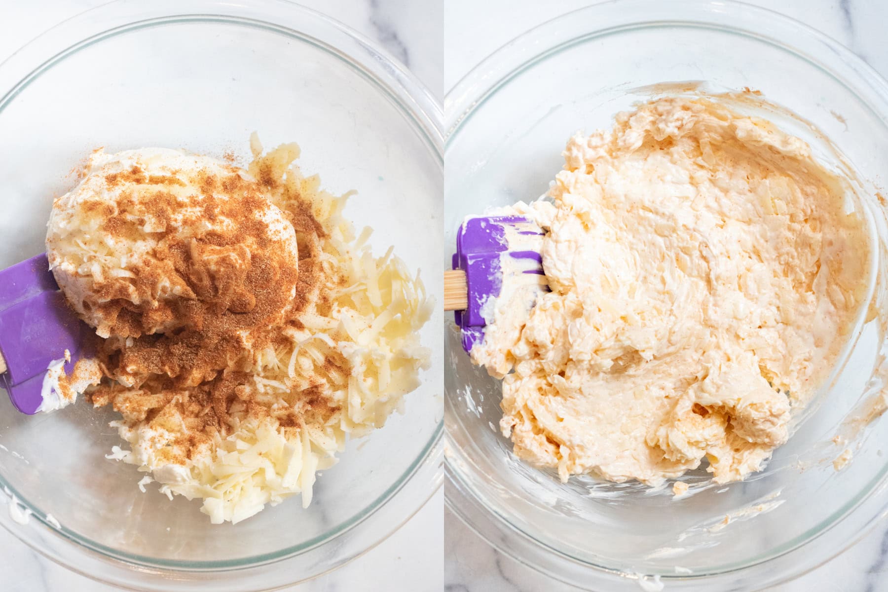 a bowl of cheeses and spices and then it all mixed together.