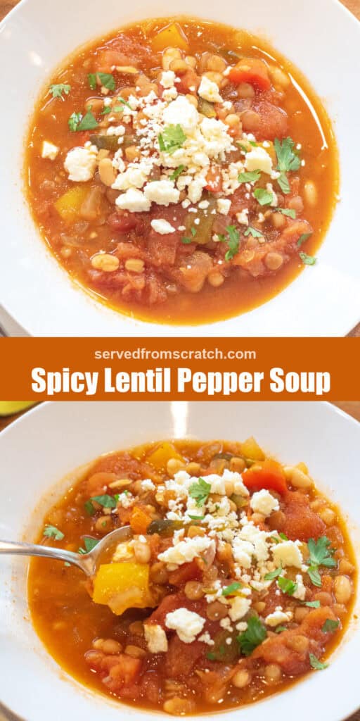 a bowl of lentil pepper stew topped with cotija cheese and cilantro with Pinterest pin text.