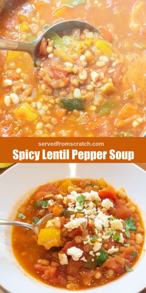 A ladle full of lentil bean and pepper soup in a dutch oven with Pinterest pin text and a bowl of the soup.