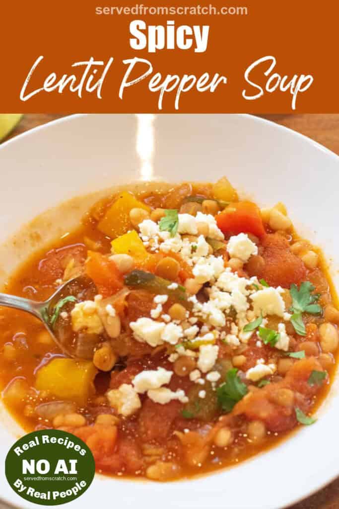 a bowl of lentil pepper stew topped with cotija cheese and cilantro with Pinterest pin text with NO AI sticker.