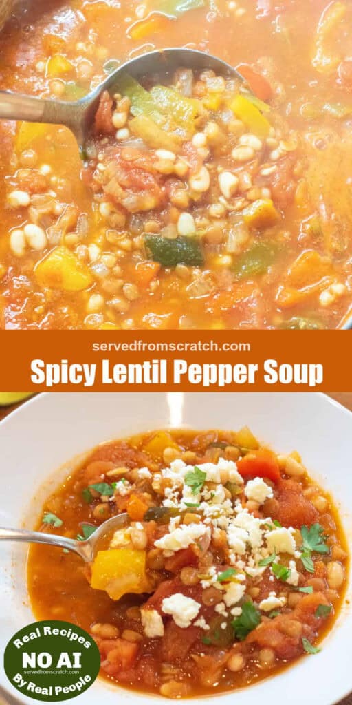 A ladle full of lentil bean and pepper soup in a dutch oven with Pinterest pin text and a bowl of the soup with NO AI sticker.