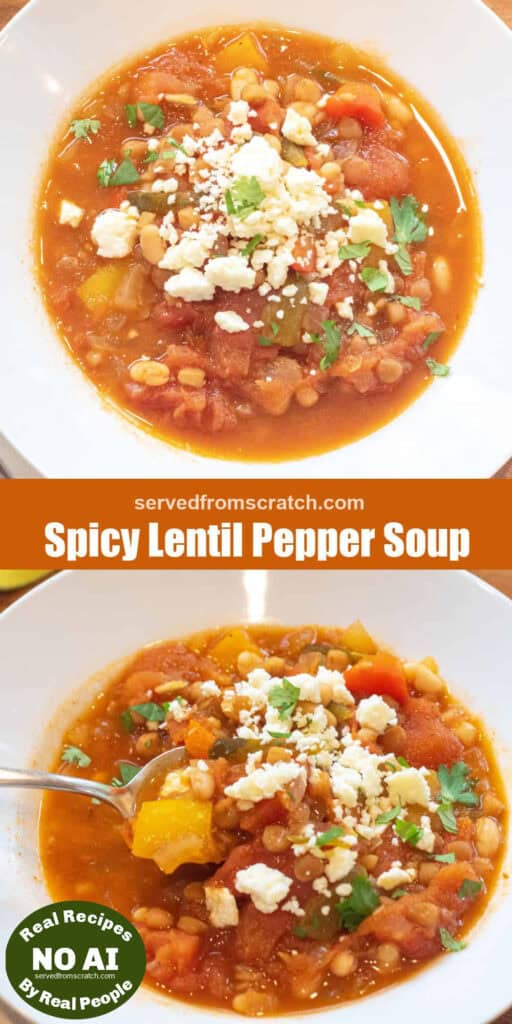 a bowl of lentil pepper stew topped with cotija cheese and cilantro with Pinterest pin text with NO AI sticker.