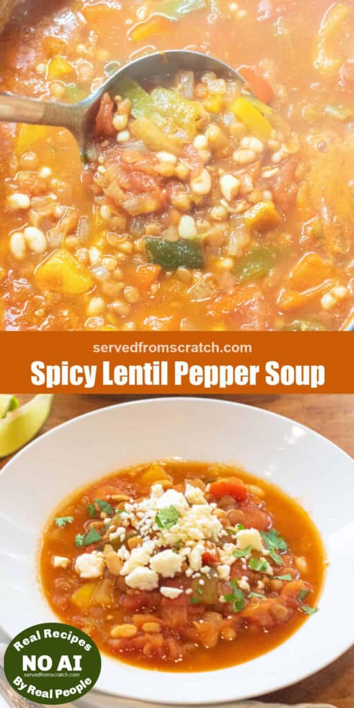 A ladle full of lentil bean and pepper soup in a dutch oven with Pinterest pin text and a bowl of the soup with NO AI sticker.