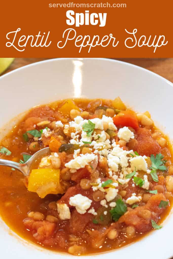a bowl of lentil pepper stew topped with cotija cheese and cilantro and with a spoonful with Pinterest pin text.