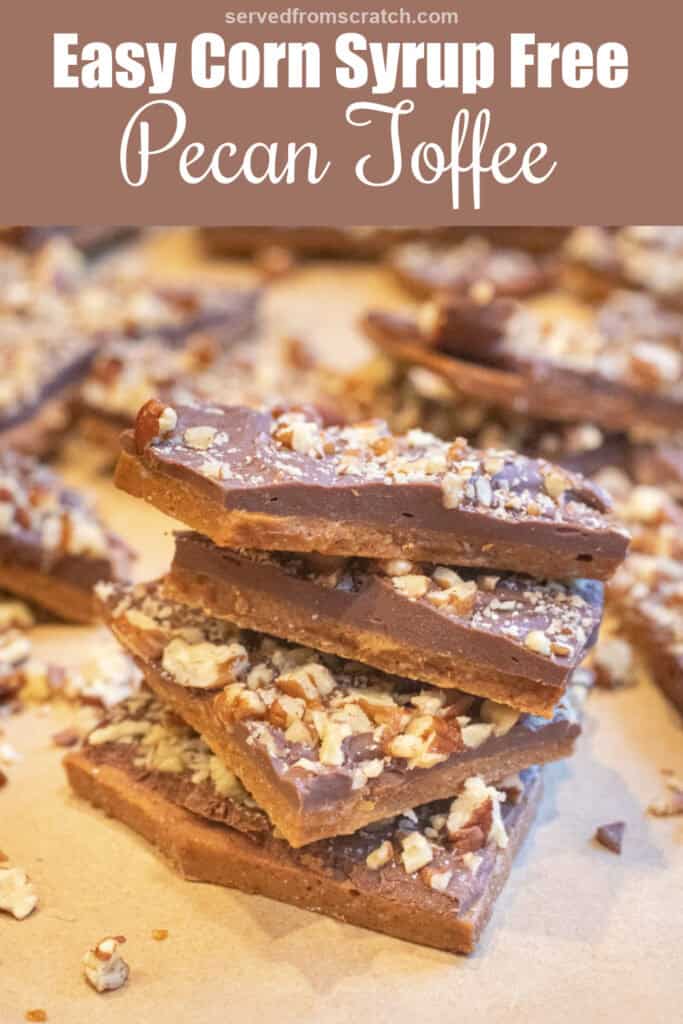a stack of pecan topped toffee with Pinterest pin text.