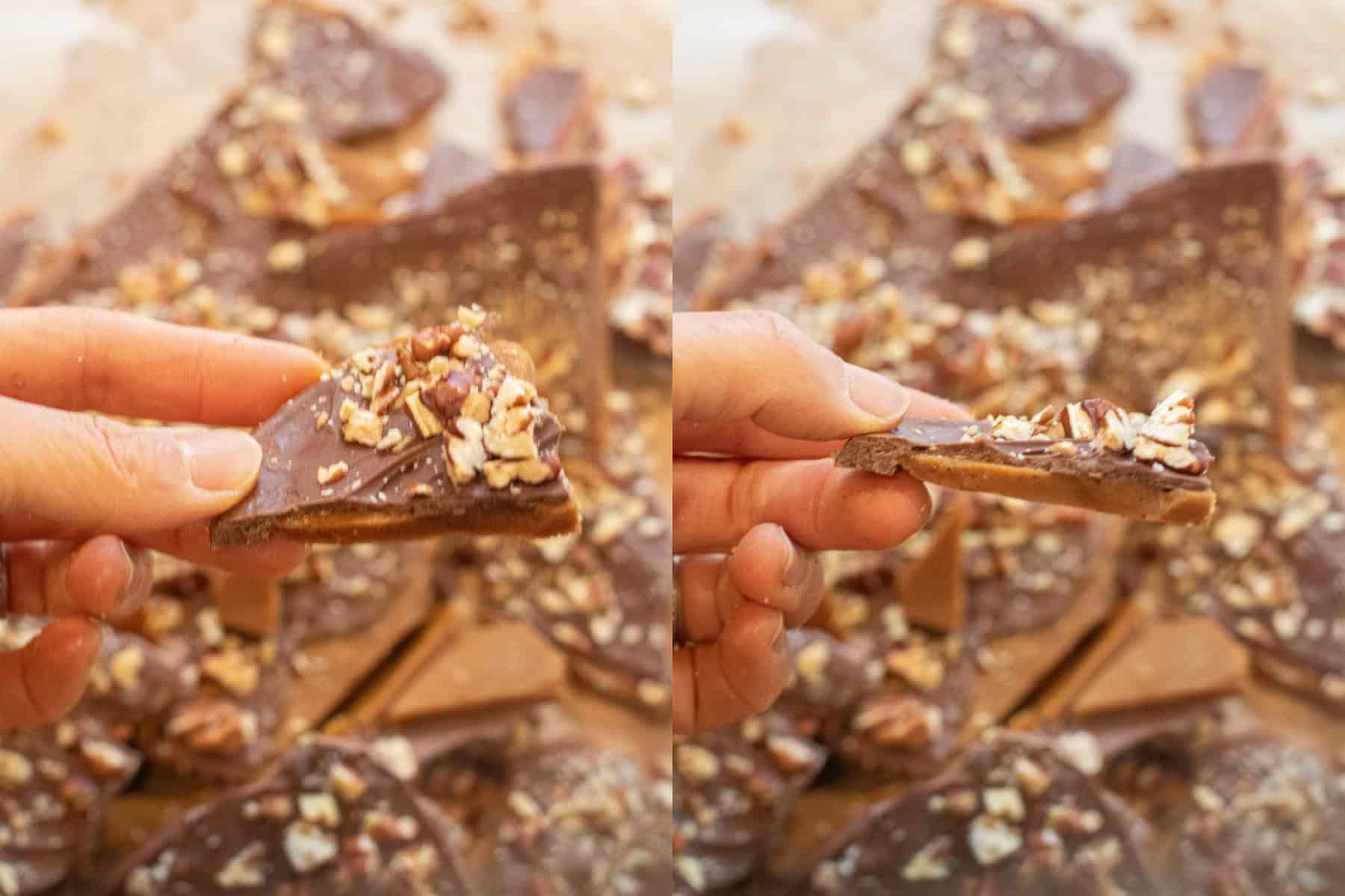 two pictures of a hand holding a piece of toffee.