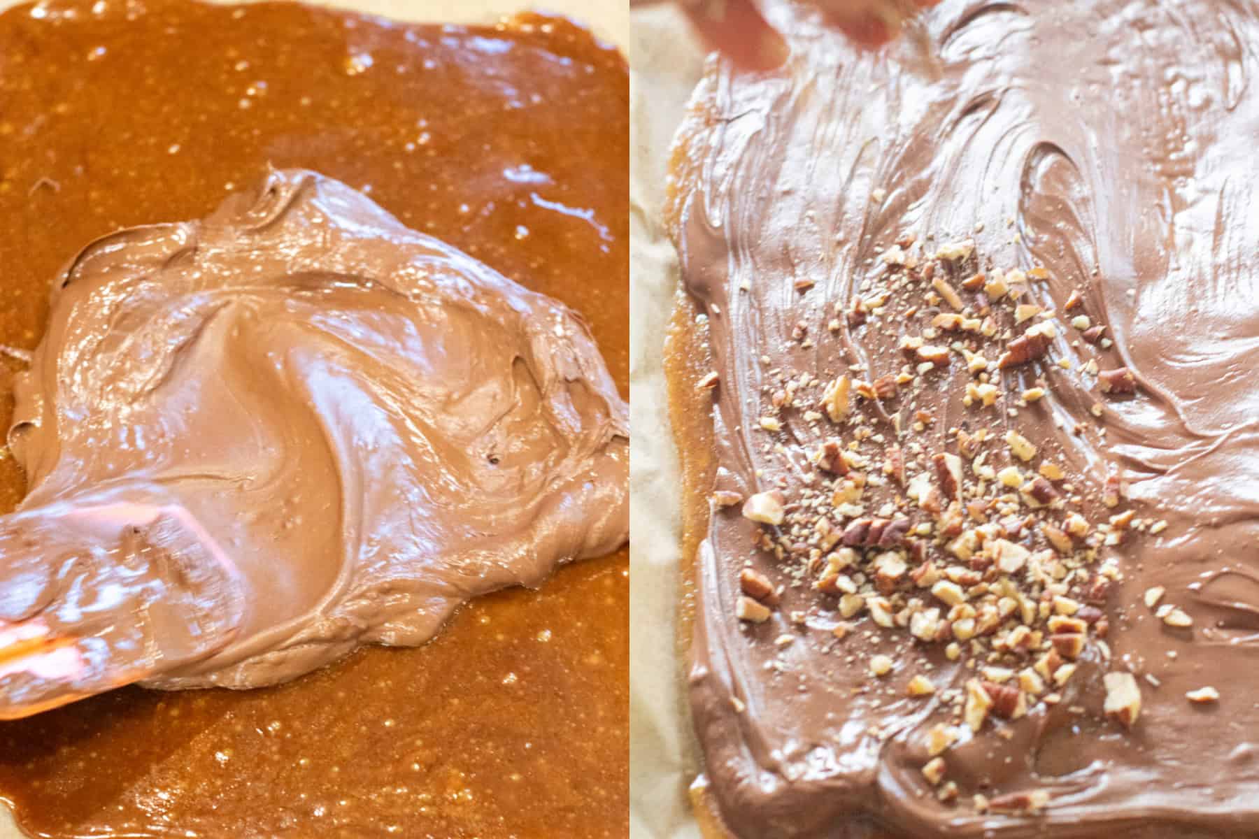 chocolate being poured onto toffee and then sprinkled with chopped pecans.