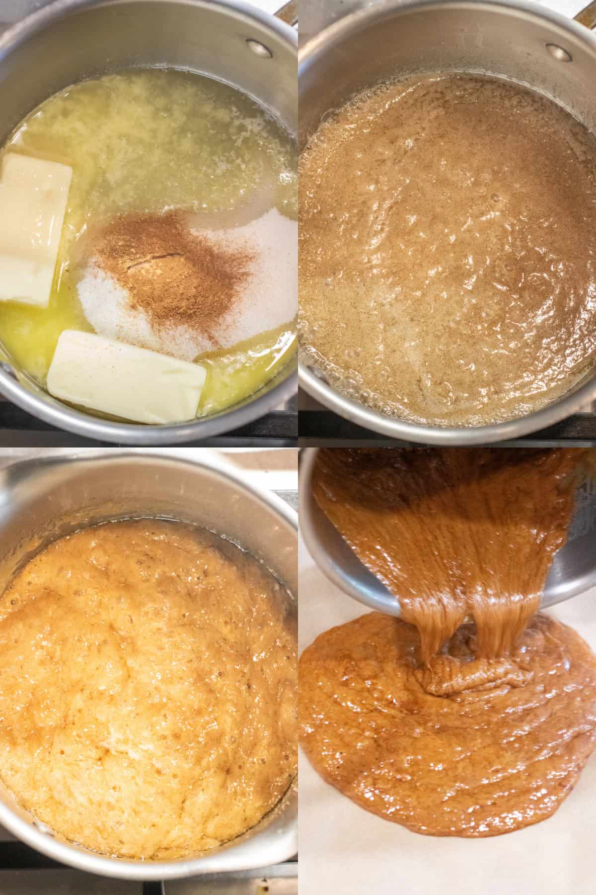 4 pots, one with butter sugar and cinnamon, it all melted, it foaming, and then it pouring on to a parchment paper lined tray.