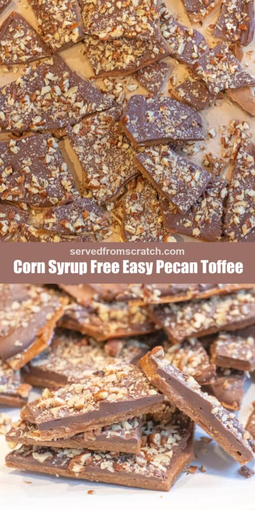 broken up toffee topped with chopped pecans, Pinterest pin text, and a stack of toffee.