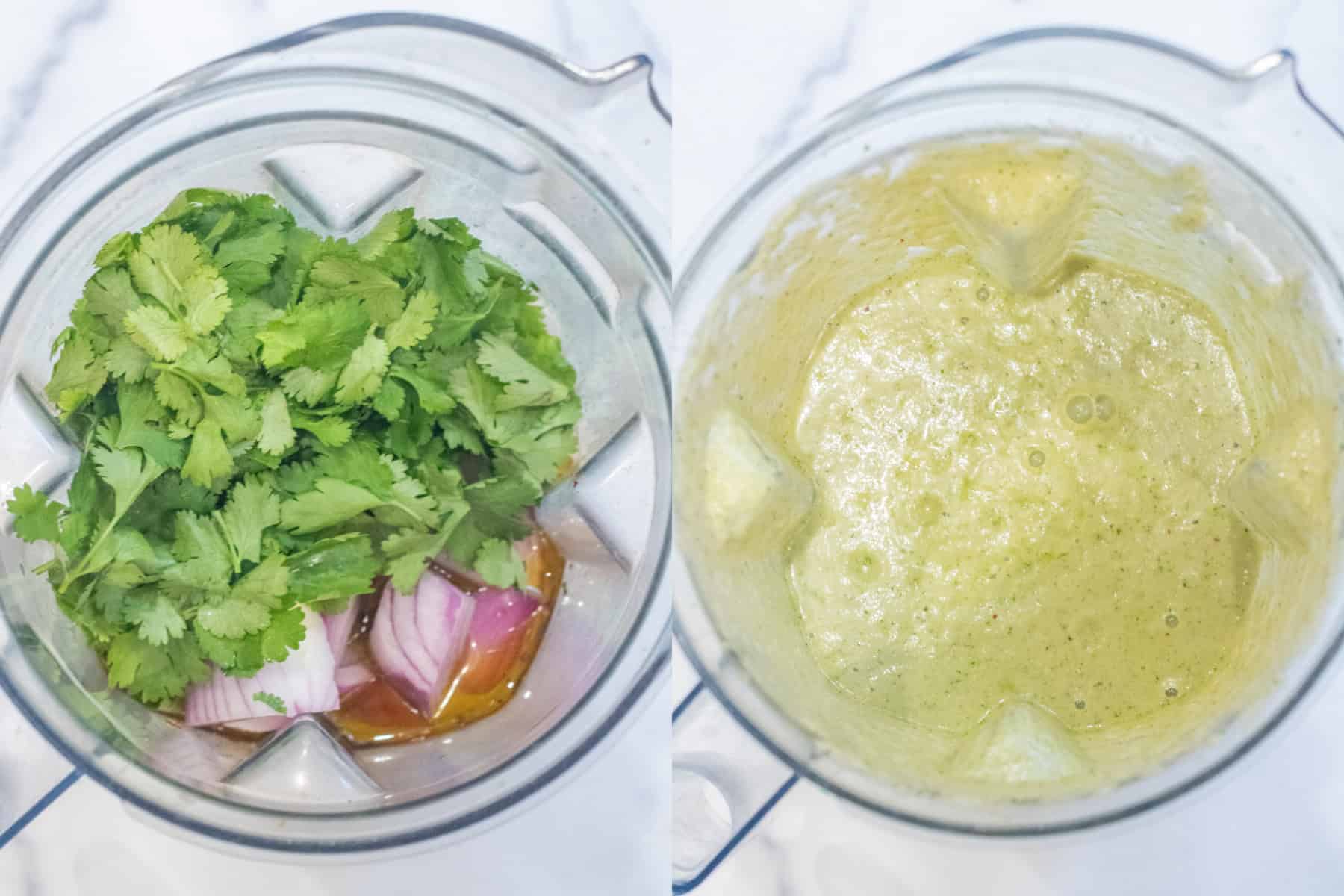 overhead of two blenders, one with cilantro and onion and spices unmixed, and then it all mixed very well.