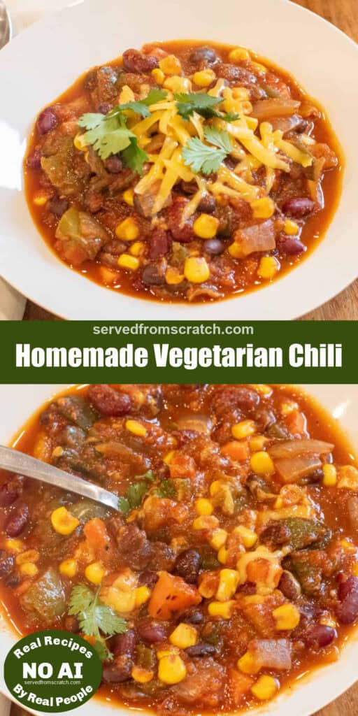 a bowl of vegetarian chili with Pinterest pin text and a bowl of chili mixed with a spoon and NO AI sticker.