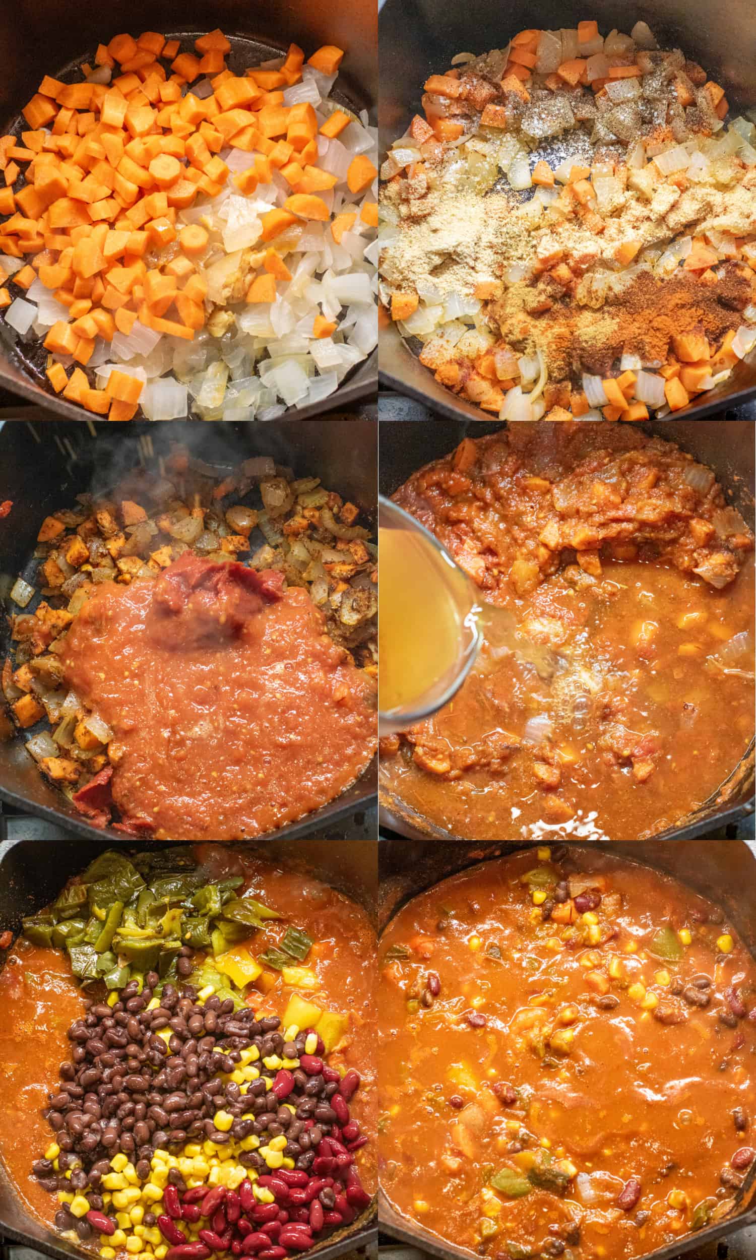 6 pictures of an overhead of a dutch one, first with onion and carrots and garlic, next with spices added, next with tomato paste and sauce added. next with stock being added, next with chopped peppers, beans, and corn added, last with it all mixed together.
