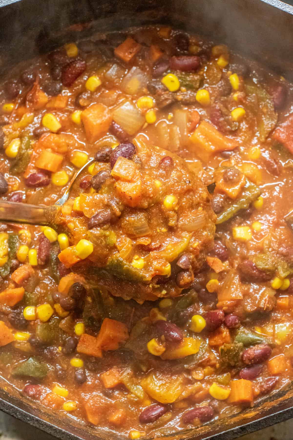 an overhead of a bowl of chili with a ladle of it.