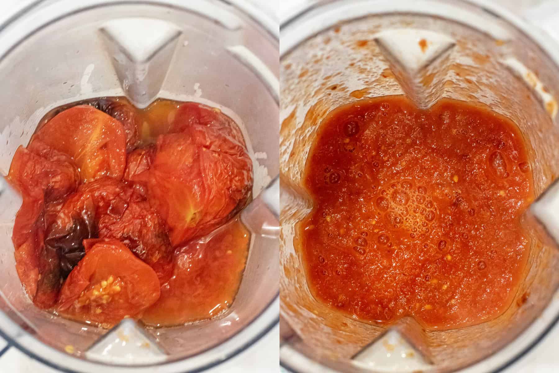 an overhead of a blender with roasted tomatoes and then it all blended together.