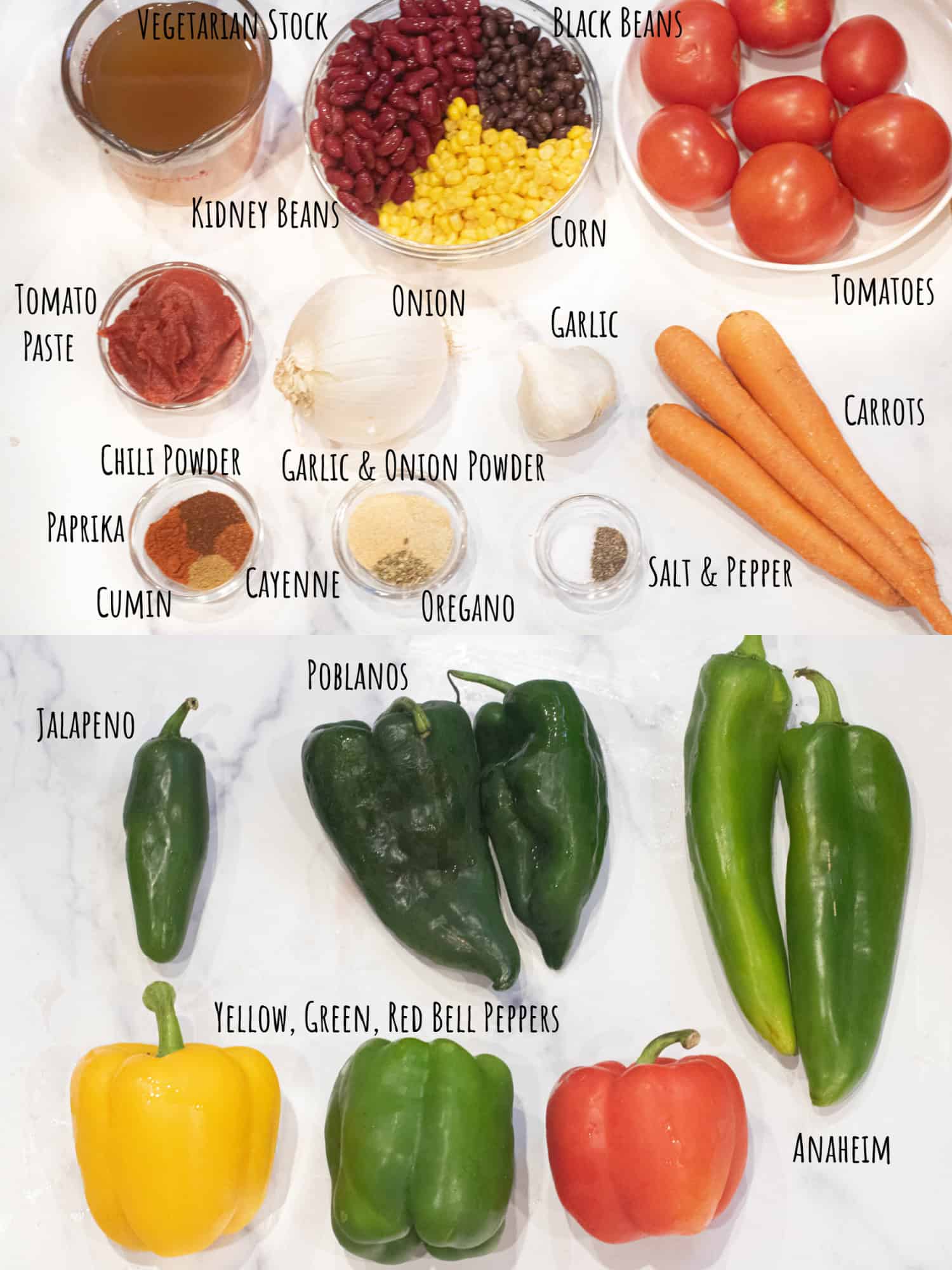 bowls of beans, corn, tomatoes, tomato paste, spices, salt and pepper, stock, carrots, garlic, onion, and a variety of peppers all labeled.