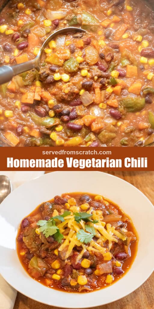 a pot of chili with a ladle and Pinterest pin text and a bowl of chili with cheese and cilantro.