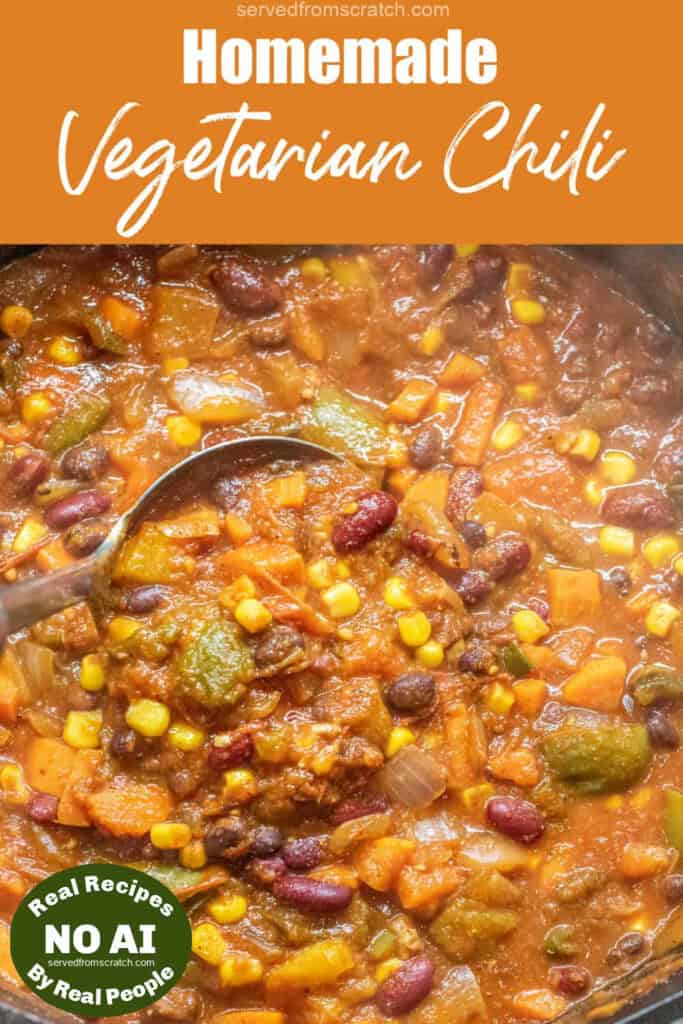 an overhead of a crock of chili with a ladle and Pinterest pin text and NO AI sticker.