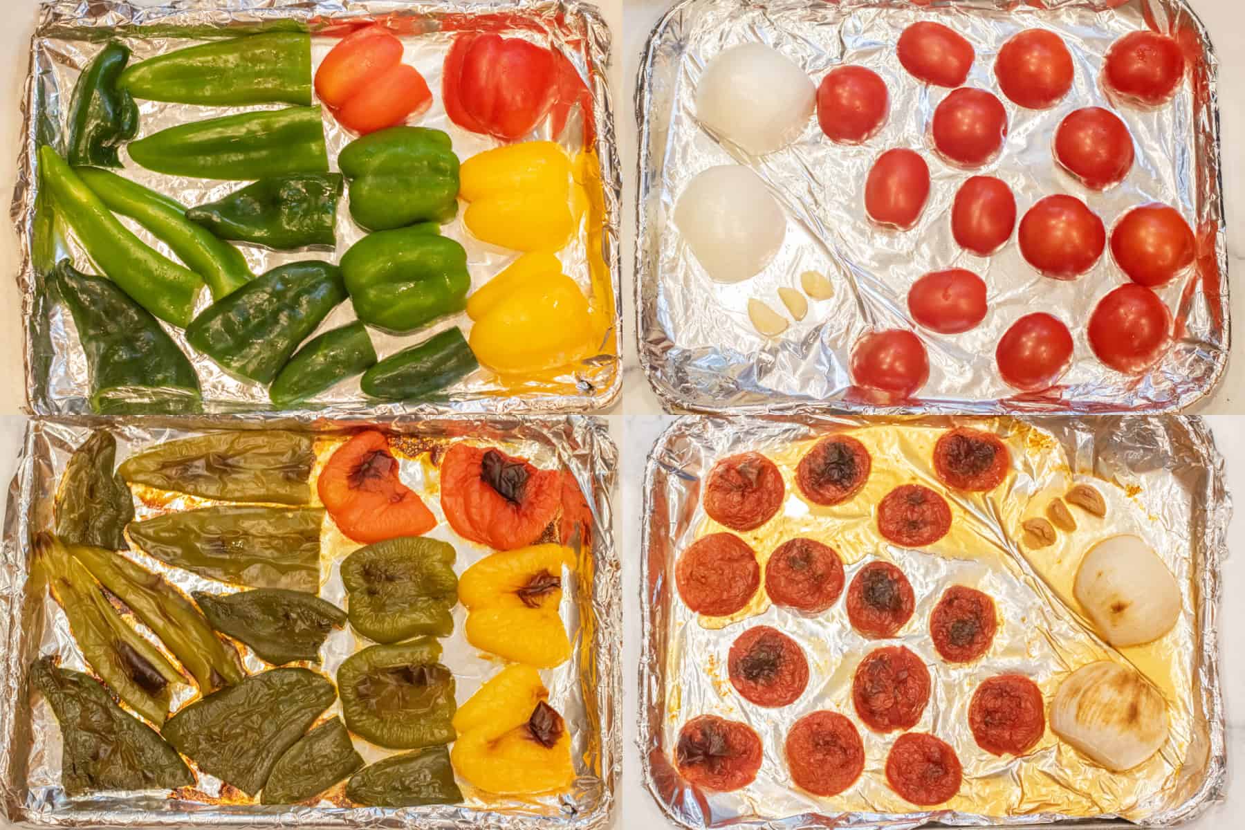 4 pictures of trays, one with sliced raw peppers, one with raw onion, garlic, and tomatoes, and then all of them roasted.