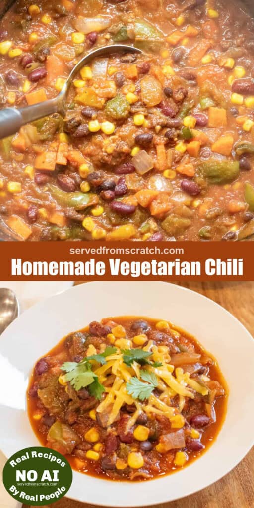 a crock of vegetarian chili Pinterest pin text and a bowl of the chili with cheese and NO AI sticker.