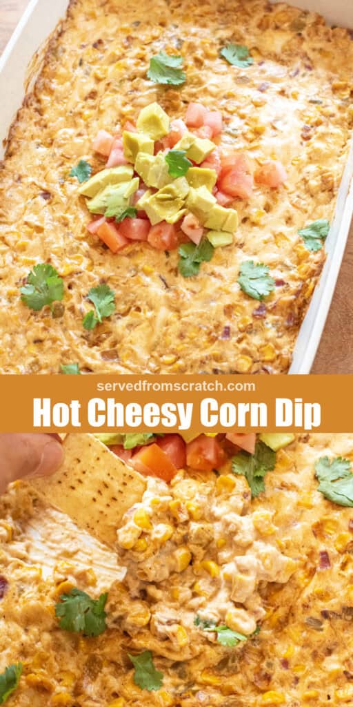 a tray of a corn dip with a chip dipping into cheesy corn dip with Pinterest pin text.