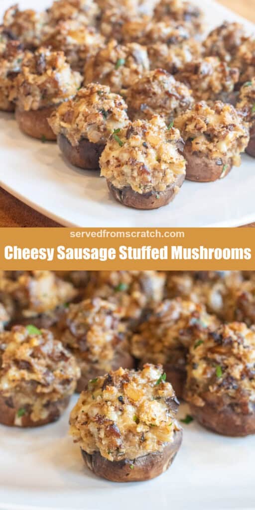 a plate of stuffed mushrooms, Pinterest Pin text, and another close up of the stuffed mushrooms.