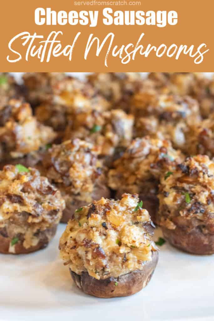 a plate of stuffed mushrooms, Pinterest Pin text.