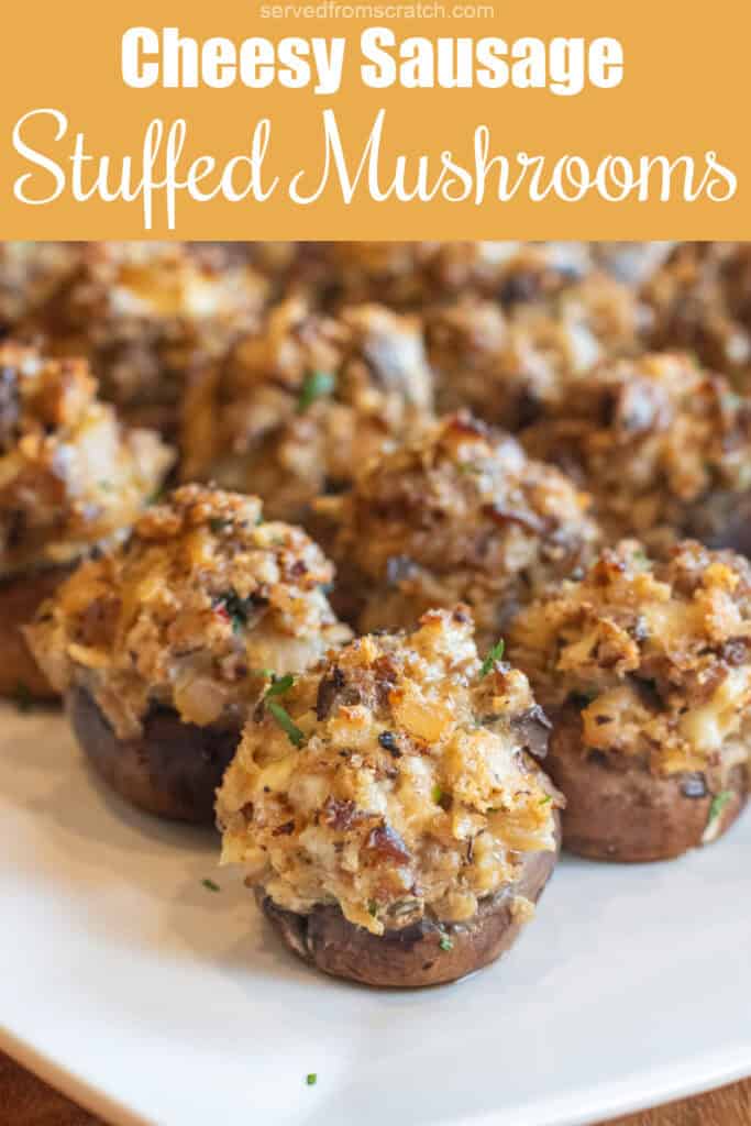 a plate of stuffed mushrooms, Pinterest Pin text.