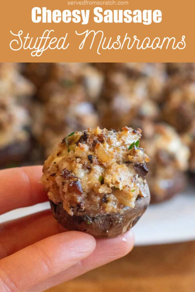 a hand holding a stuffed mushroom and Pinterest pin text.