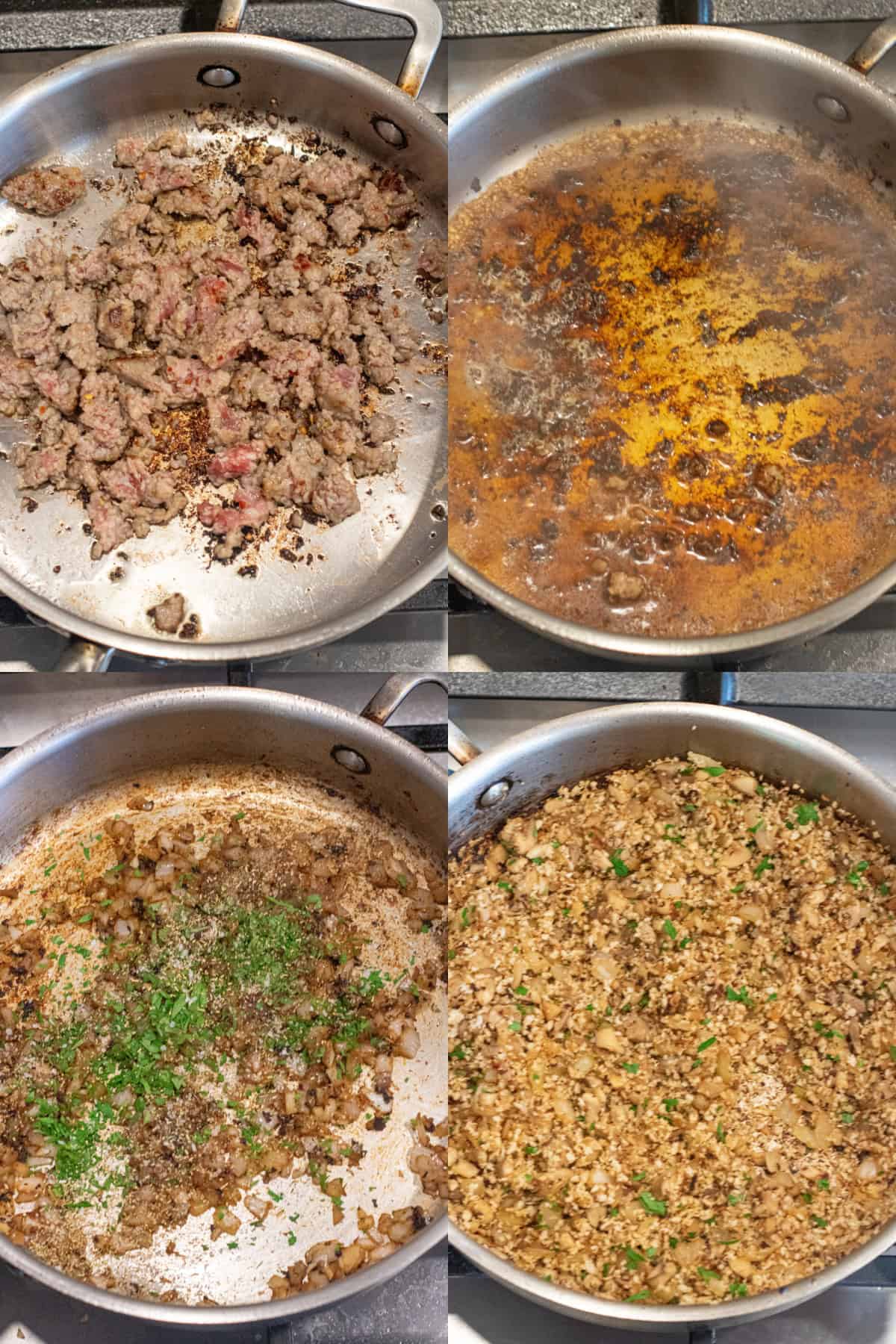 4 pans, one with sausage cooking, with it being deglazed, onions and garlic cooking, and then panko and mushroom stems cooking.