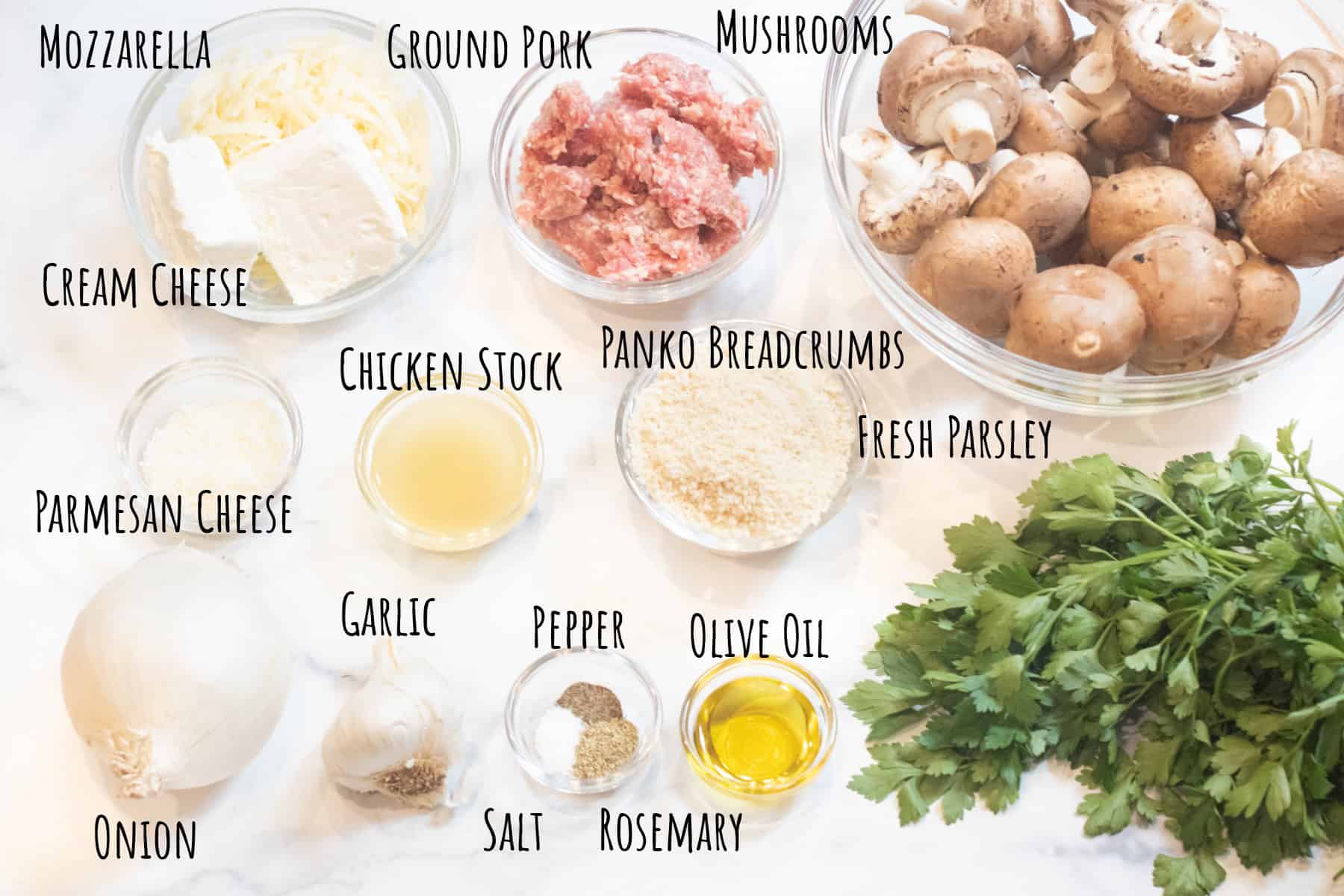 bowls of cheeses, raw ground pork, mushrooms, panko, onion, garlic, spices, olive oil, and fresh parsley all labeled.