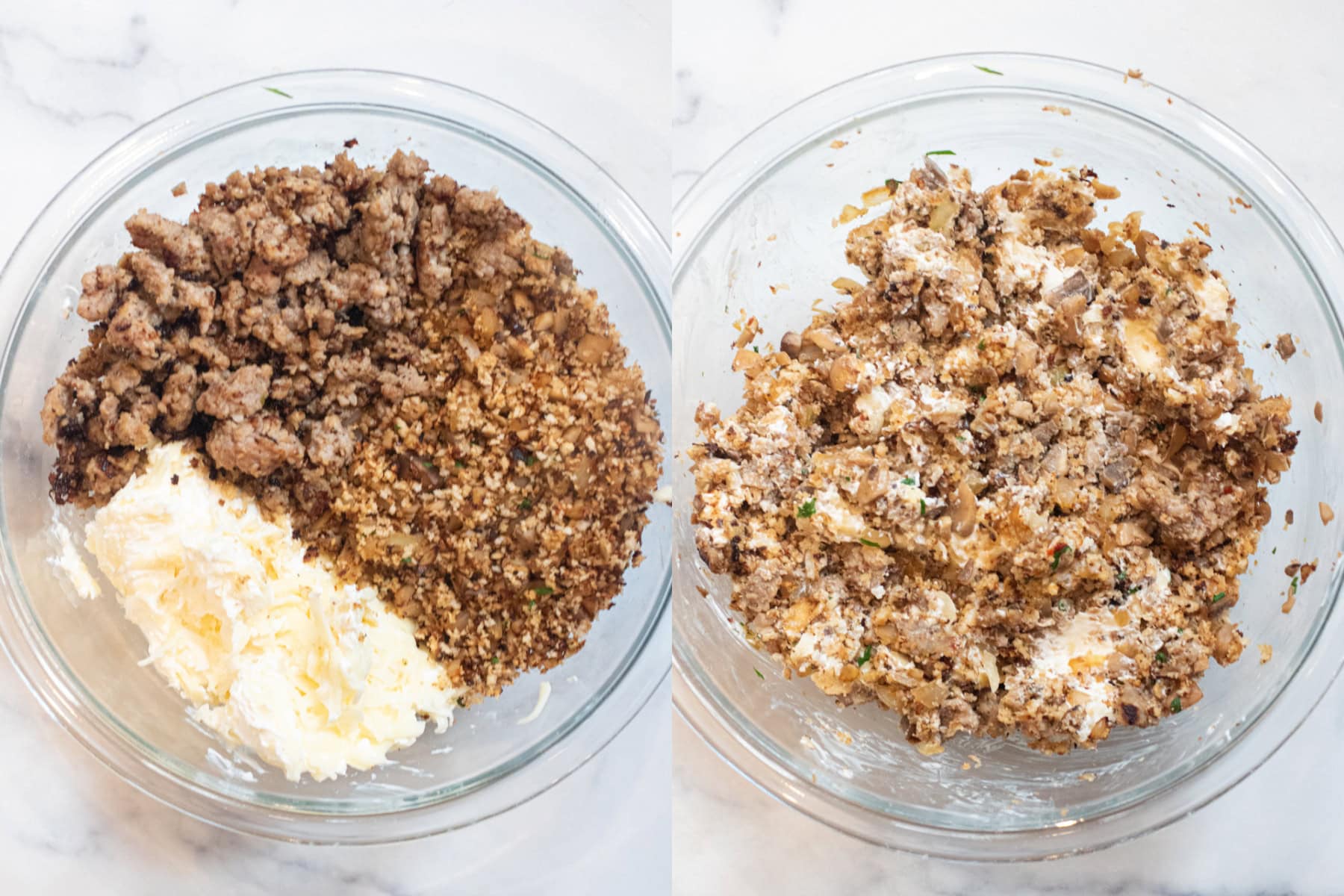 two bowls, one with cooked sausage, cream cheese, and cooked panko bread crumbs mixture and the next bowl of it all mixed together.