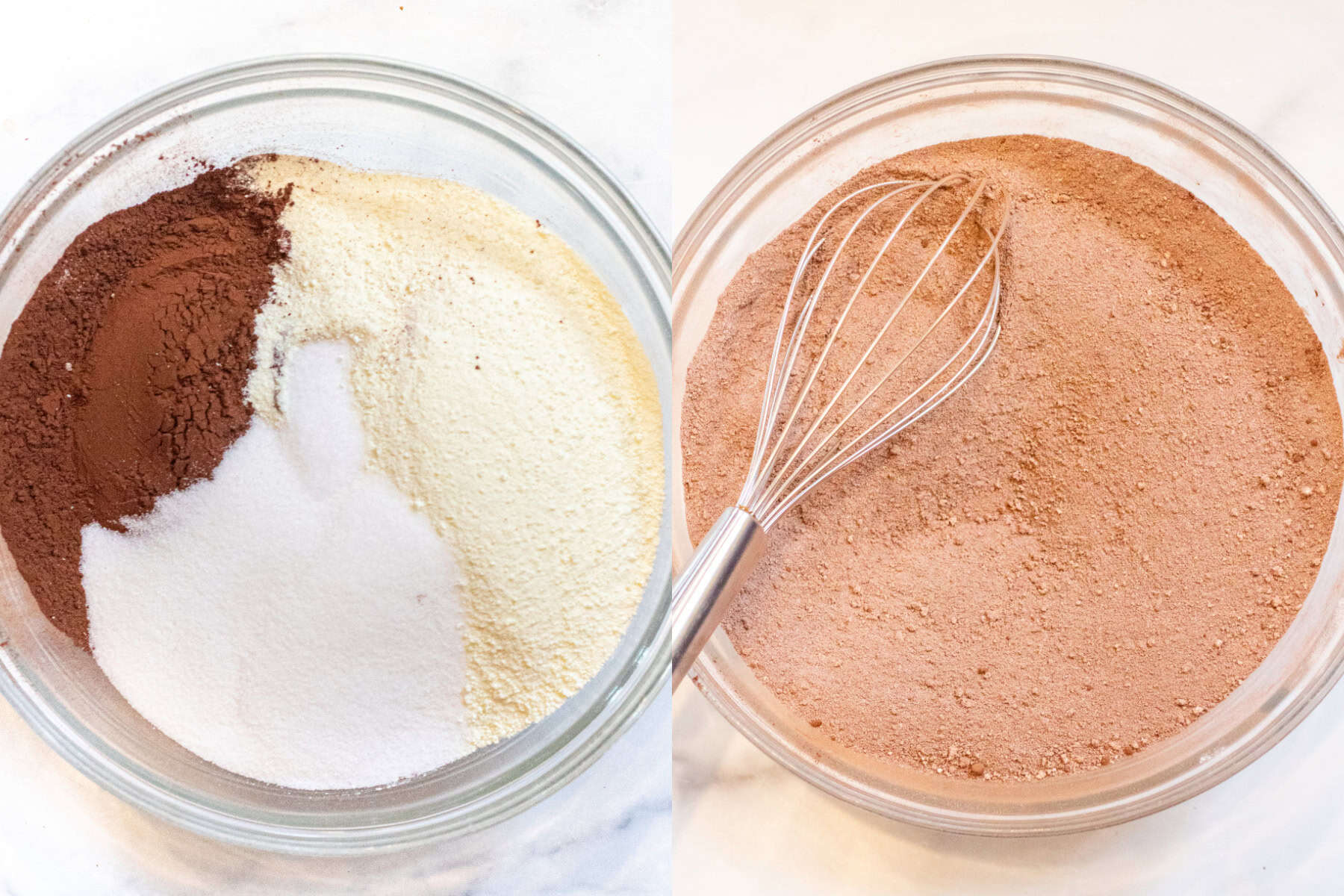 two bowls, one with dry milk, cocoa, salt, and sugar and then a picture of it all mixed together.
