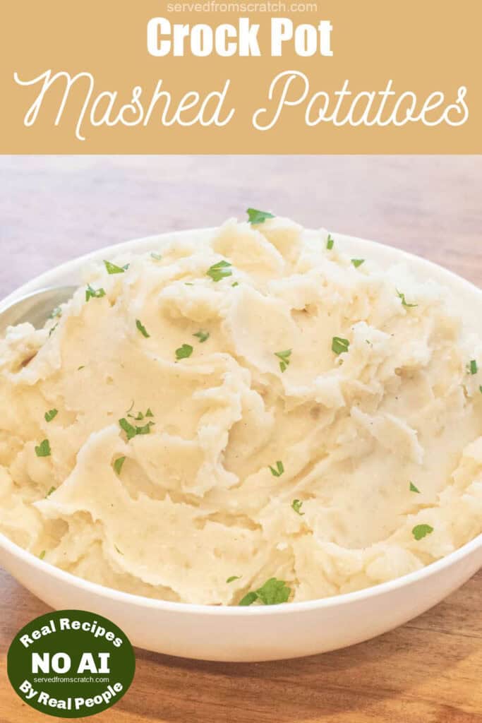 a bowl of mashed potatoes with Pinterest pin text and NO AI sticker.