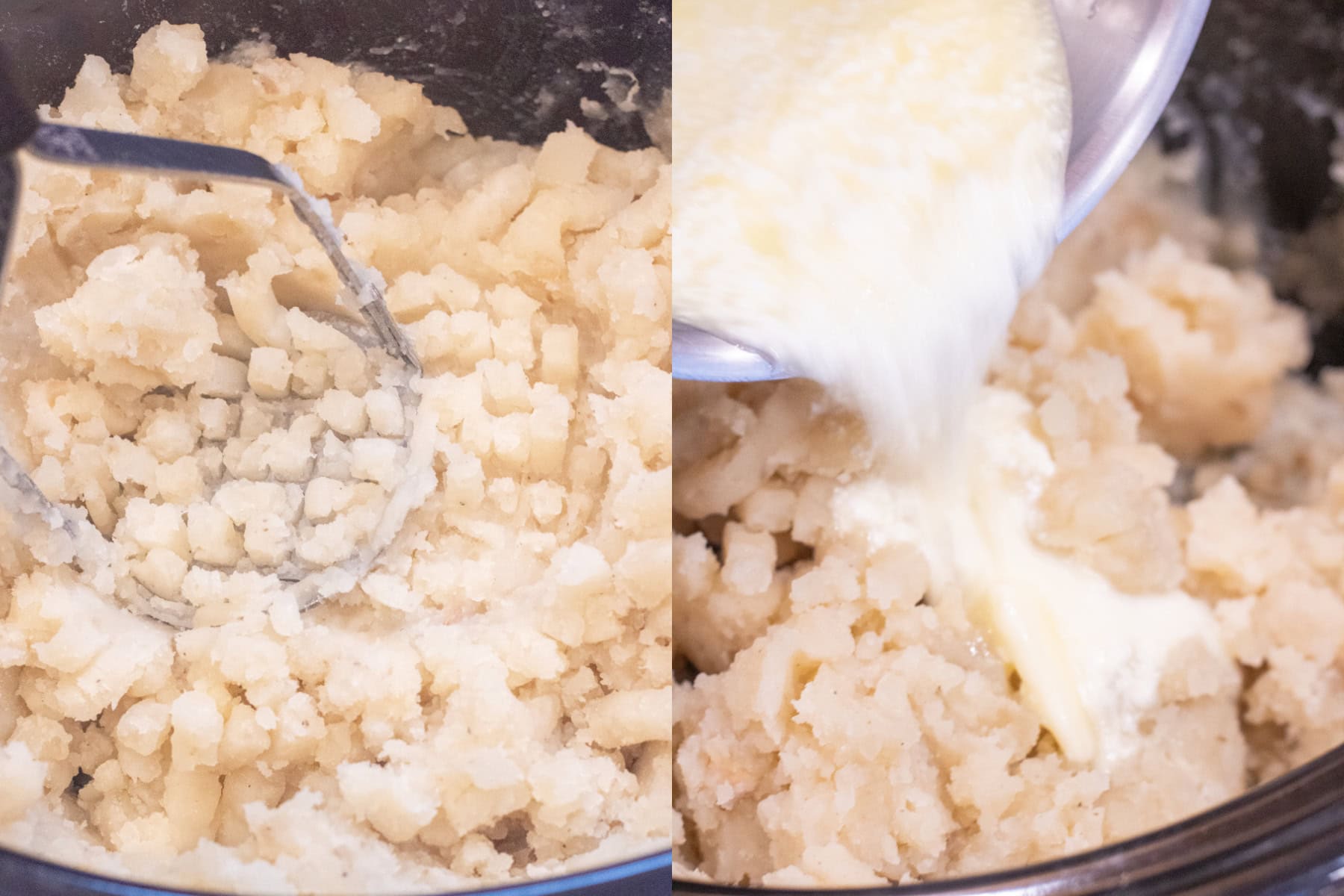 a potato masher in a crock of cooked potatoes and then milk and butter being poured in.
