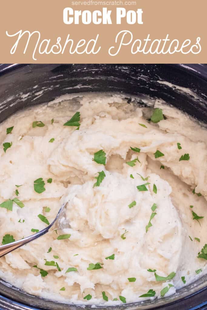 a crock of creamy mashed potatoes with Pinterest pin text.