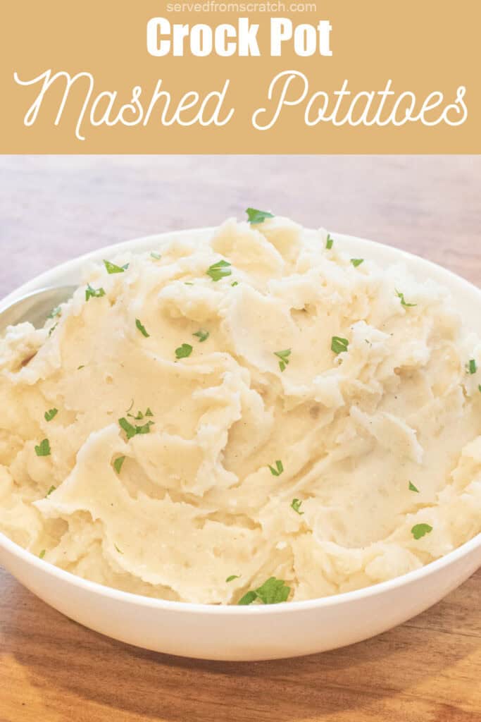 a bowl of creamy mashed potatoes with Pinterest pin text.