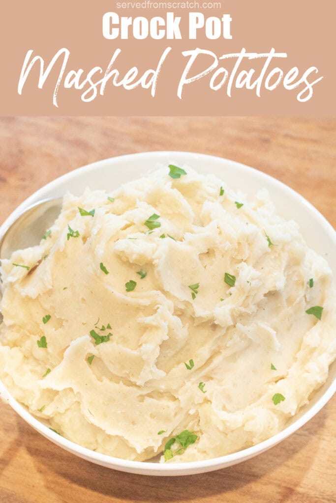 a bowl of creamy mashed potatoes with Pinterest pin text.