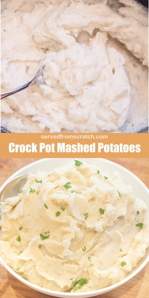a crock of creamy mashed potatoes, Pinterest pin text, and a bowl of the mashed potatoes with a spoon.