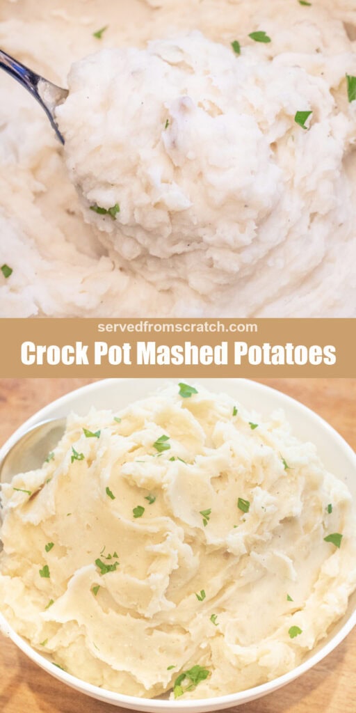 a crock of creamy mashed potatoes, Pinterest pin text, and a bowl of the mashed potatoes with a spoon.