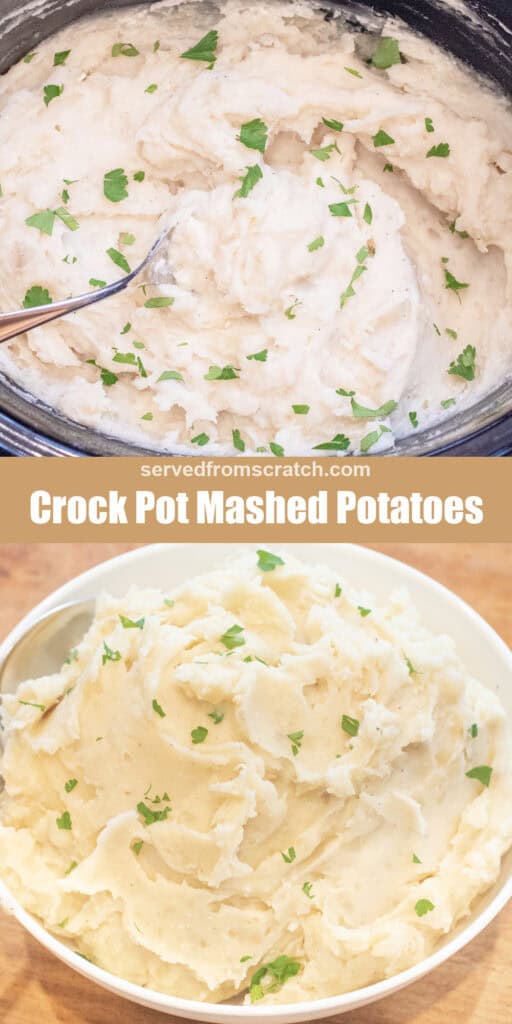 a crock of creamy mashed potatoes, Pinterest pin text, and a bowl of the mashed potatoes with a spoon.