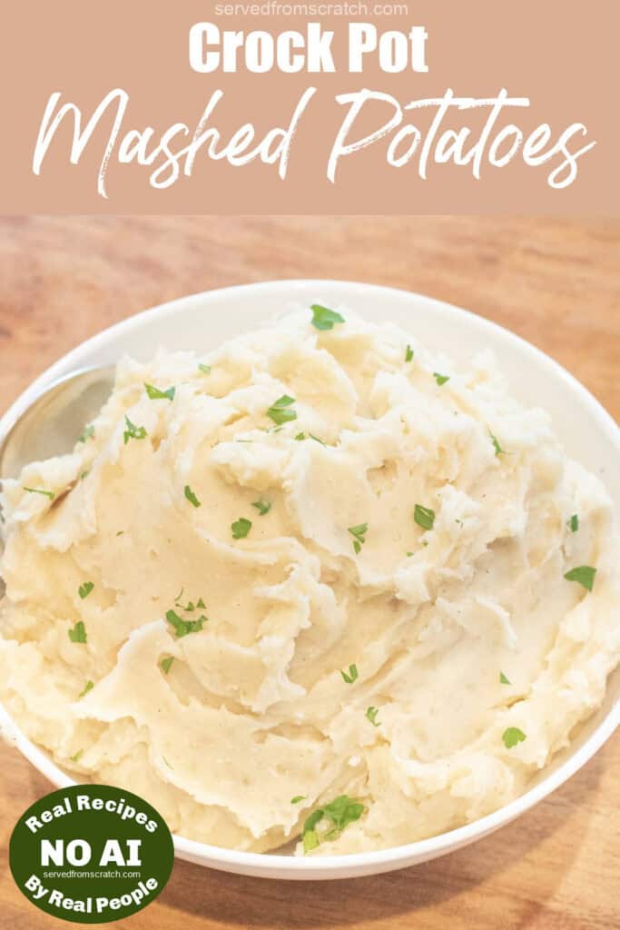 a bowl of mashed potatoes with Pinterest pin text and NO AI sticker.