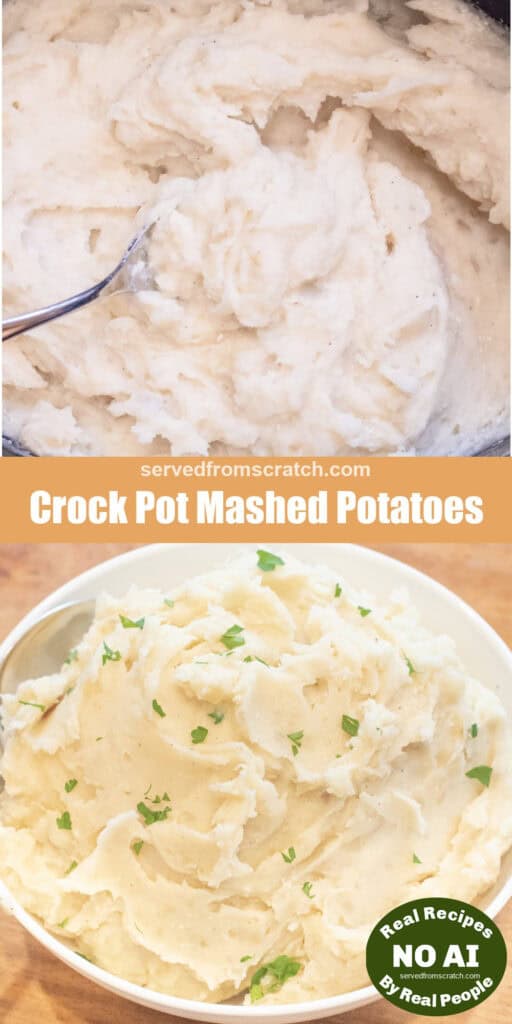 a crock pot of creamy potatoes a bowl of mashed potatoes with Pinterest pin text and NO AI sticker.