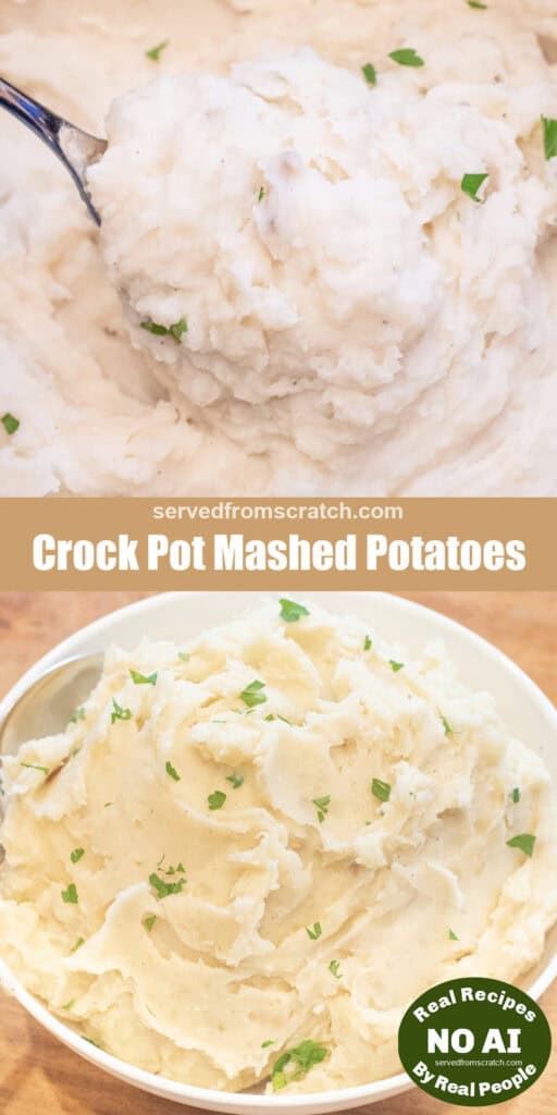 a crock pot of creamy potatoes a bowl of mashed potatoes with Pinterest pin text and NO AI sticker.
