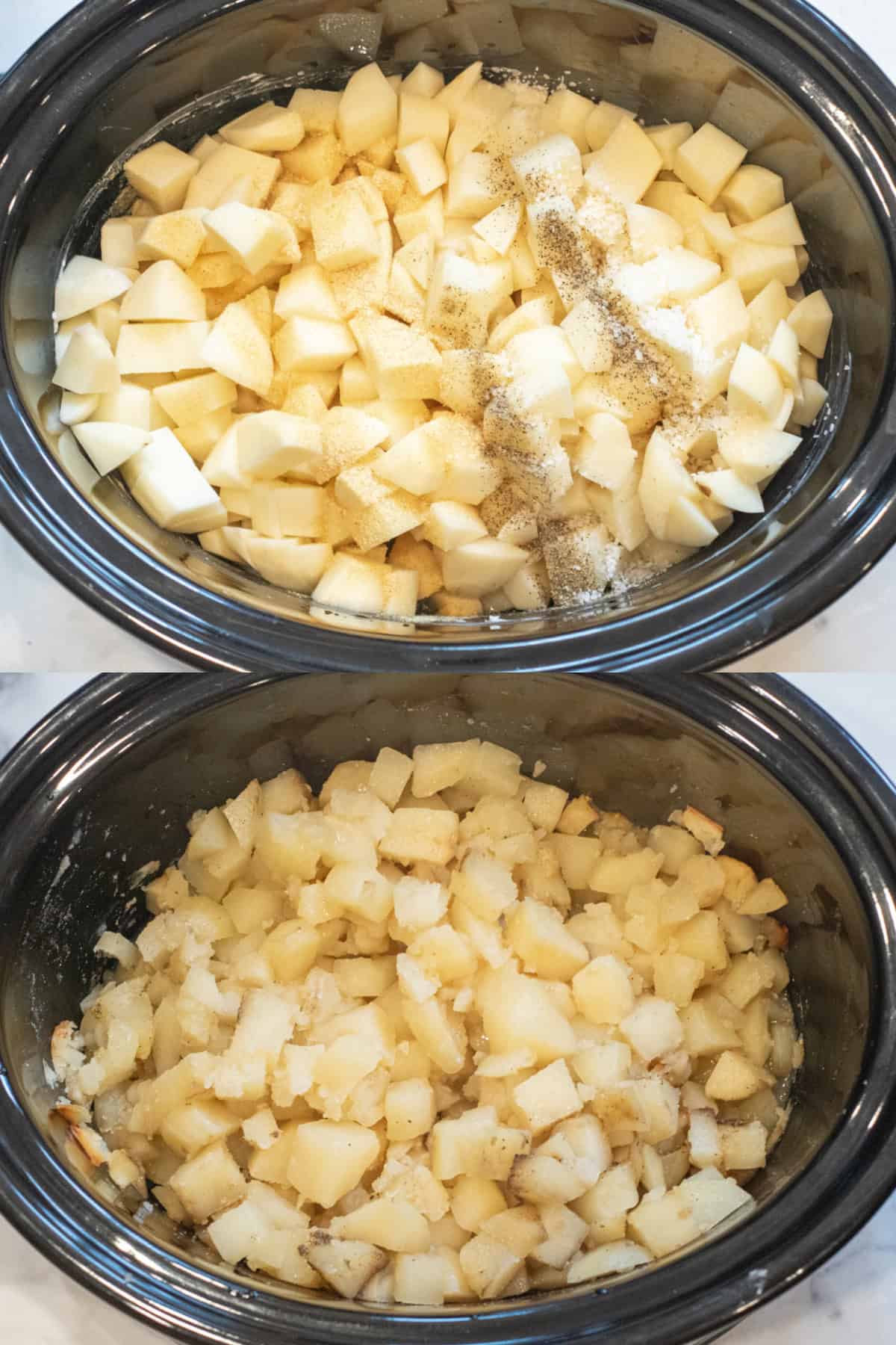 a picture of two crock pots, one with uncooked potatoe and spices and the other with everything cooked together.