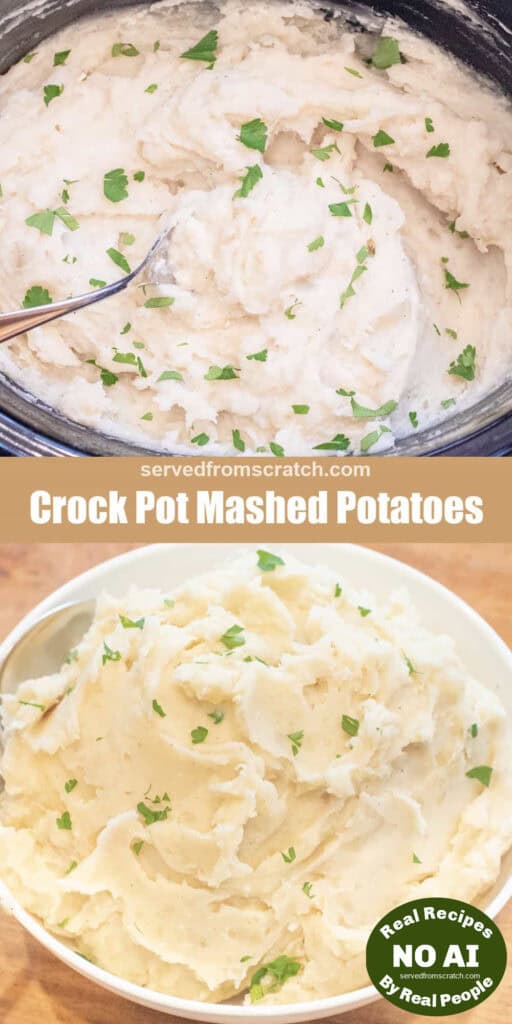 a crock pot of creamy potatoes a bowl of mashed potatoes with Pinterest pin text and NO AI sticker.